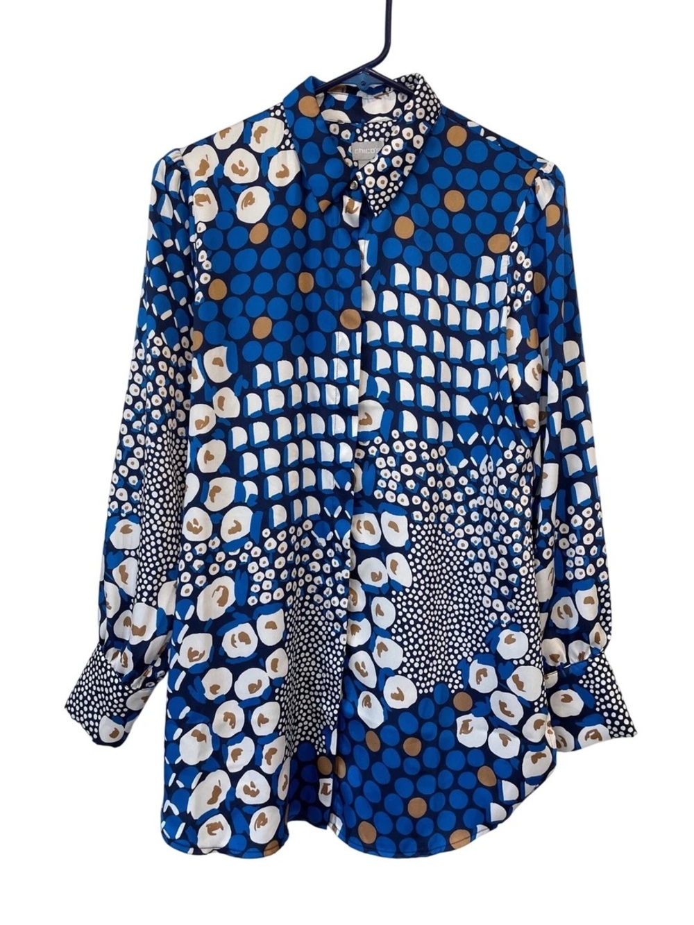 Chicos Silky Blue Patterned Long-Sleeve Button-Up Blouse - Chicos Size 3